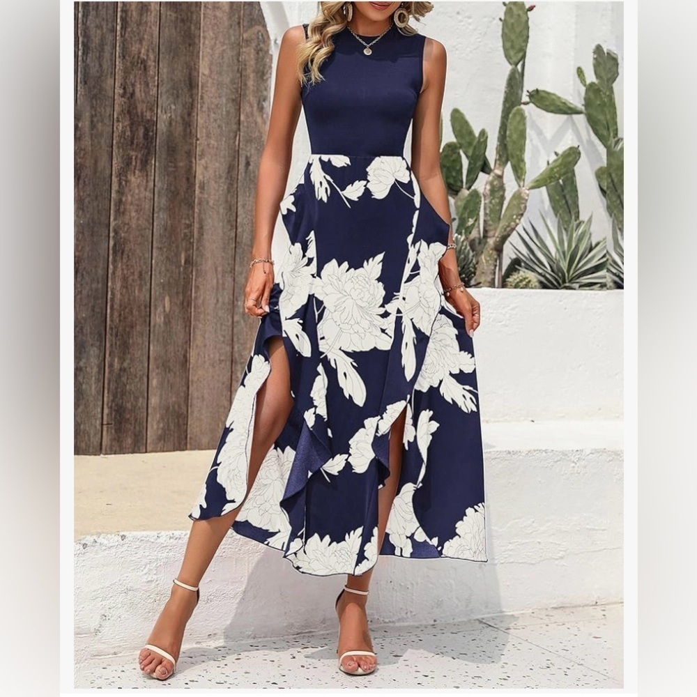NWOT - BTFBM Women’s  Casual Sleeveless Boho Floral Ruffle Midi Dress - Size Med